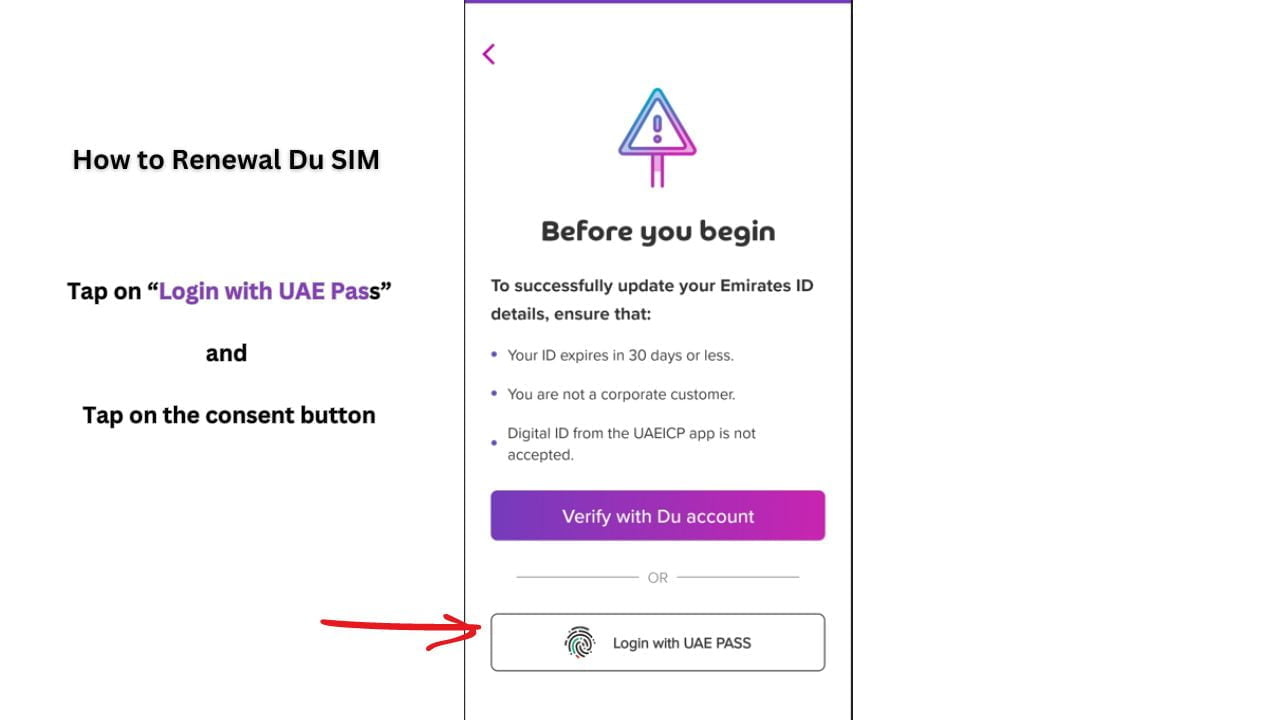 How to Renewal Du SIM - Step 3 - Tap on Login with UAE Pass