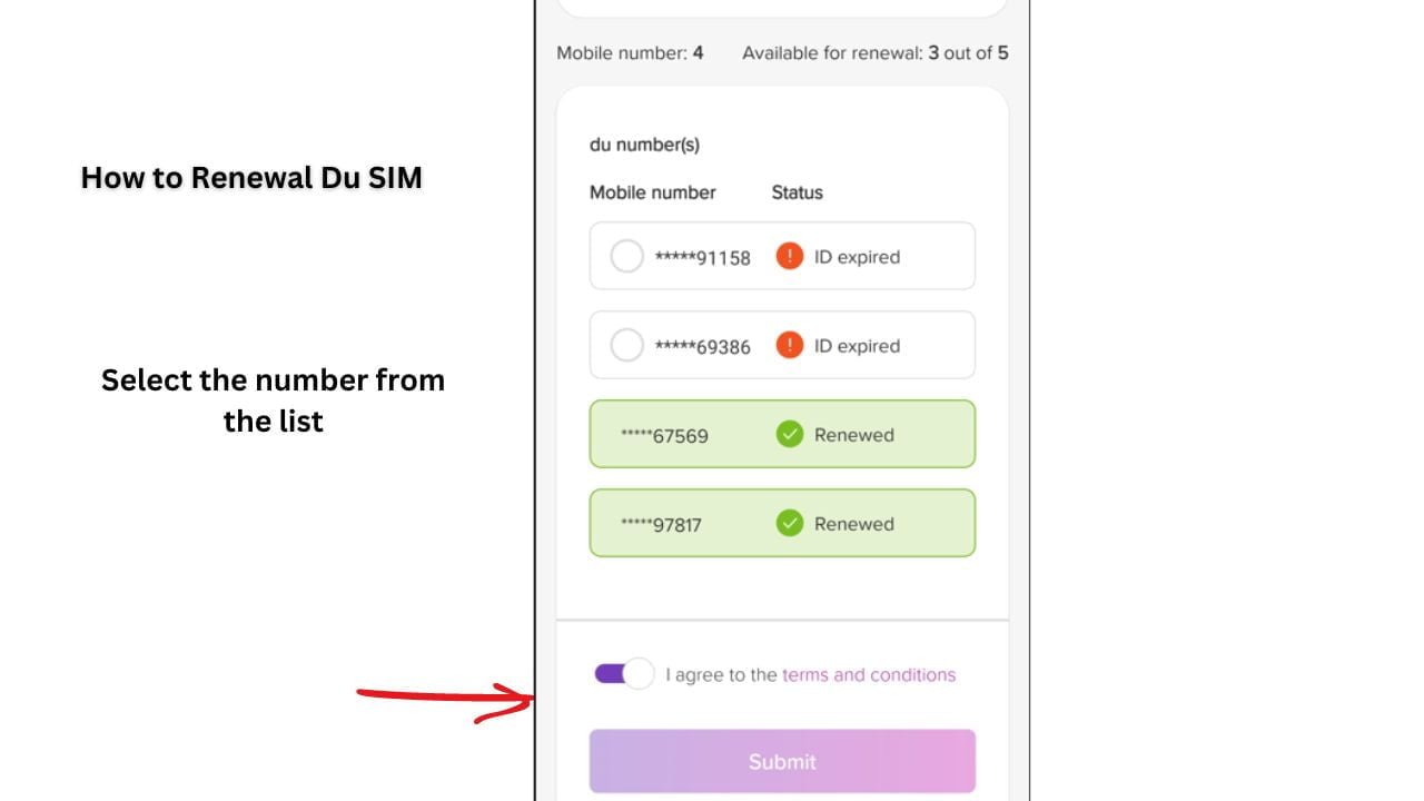 How to Renewal Du SIM - Step 4 Select number